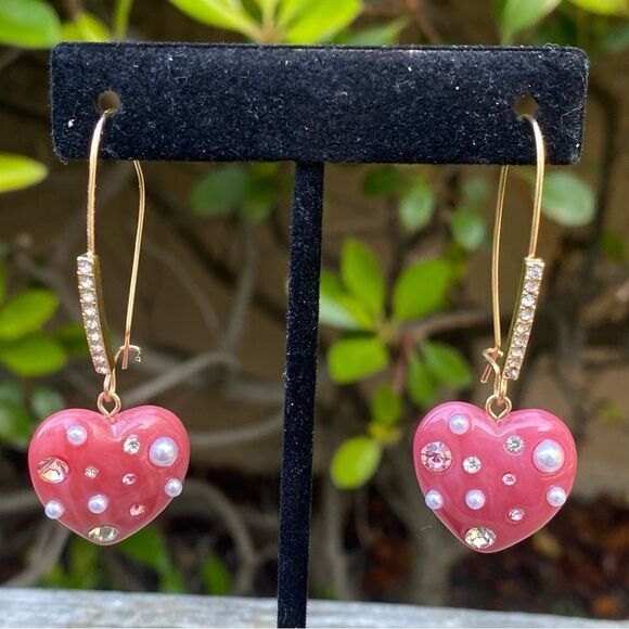 NWT New Betsey Johnson Pink and Gold Heart Earrings w/Rhinestone & Pearl Accents - Picture 3 of 5